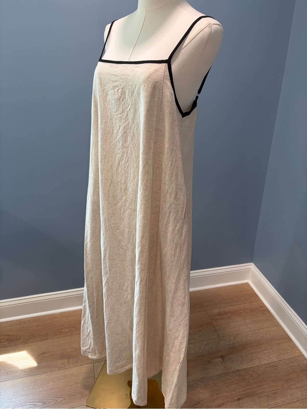 Senllen 100% Linen Maxi Dress Small Oatmeal Black Trim Coastal Minimalist - Picture 2 of 9
